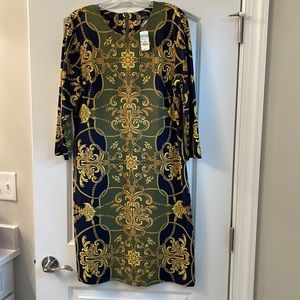 J McLaughlin Crewneck Lexington Tassle Dress Olive and Navy XL